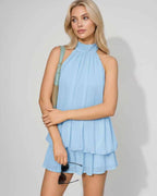 Lunelle Mini Dress by Lauven — polyester sleeveless tie neck loose fit mini dress