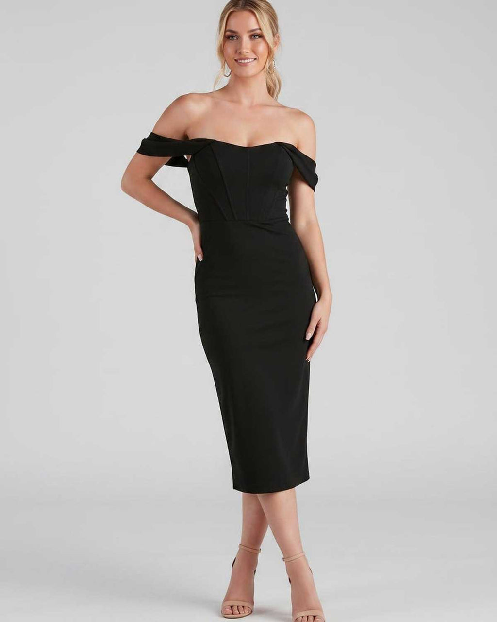 Celeste Midi Dress by Lauven — crepe-lined off-shoulder corset fitted midi dress