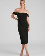 Celeste Midi Dress by Lauven — crepe-lined off-shoulder corset fitted midi dress