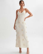 Rosette Maxi Dress by Lauven — textured polyester knit sleeveless V-neck floral maxi dress