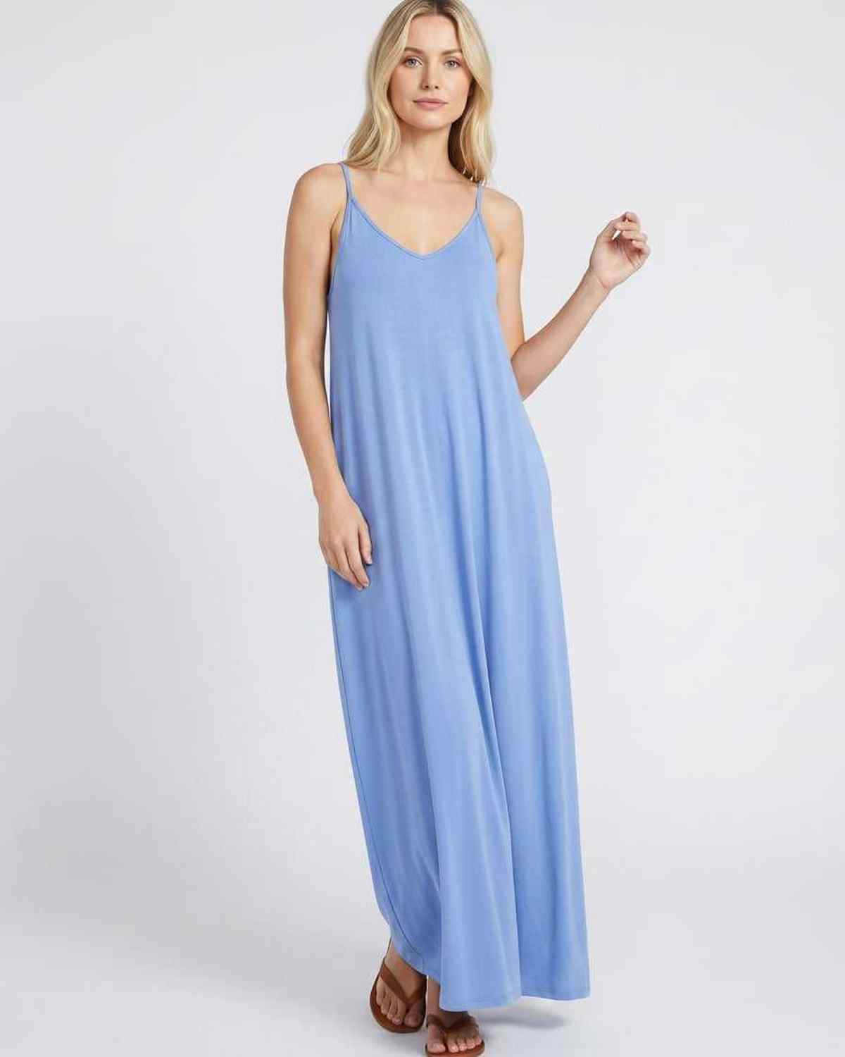 Solenne Maxi Dress by Lauven — soft stretch sleeveless V-neck relaxed A-line maxi dress