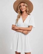 Calista Mini Dress by Lauven — chiffon ruffled short sleeve V-neck A-line mini dress