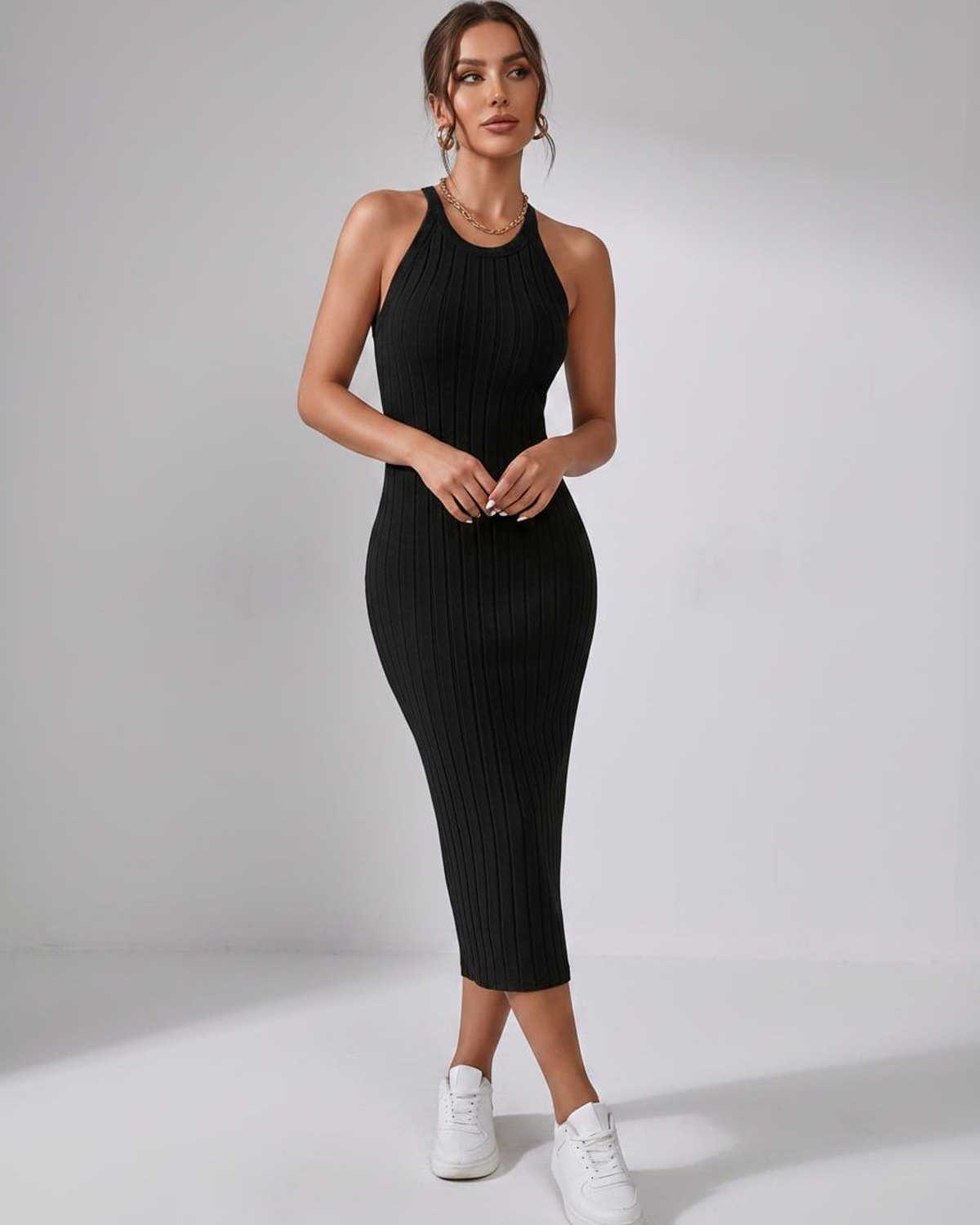 Lunara Midi Dress by Lauven — ribbed knit sleeveless crew neck slim-fit midi dress