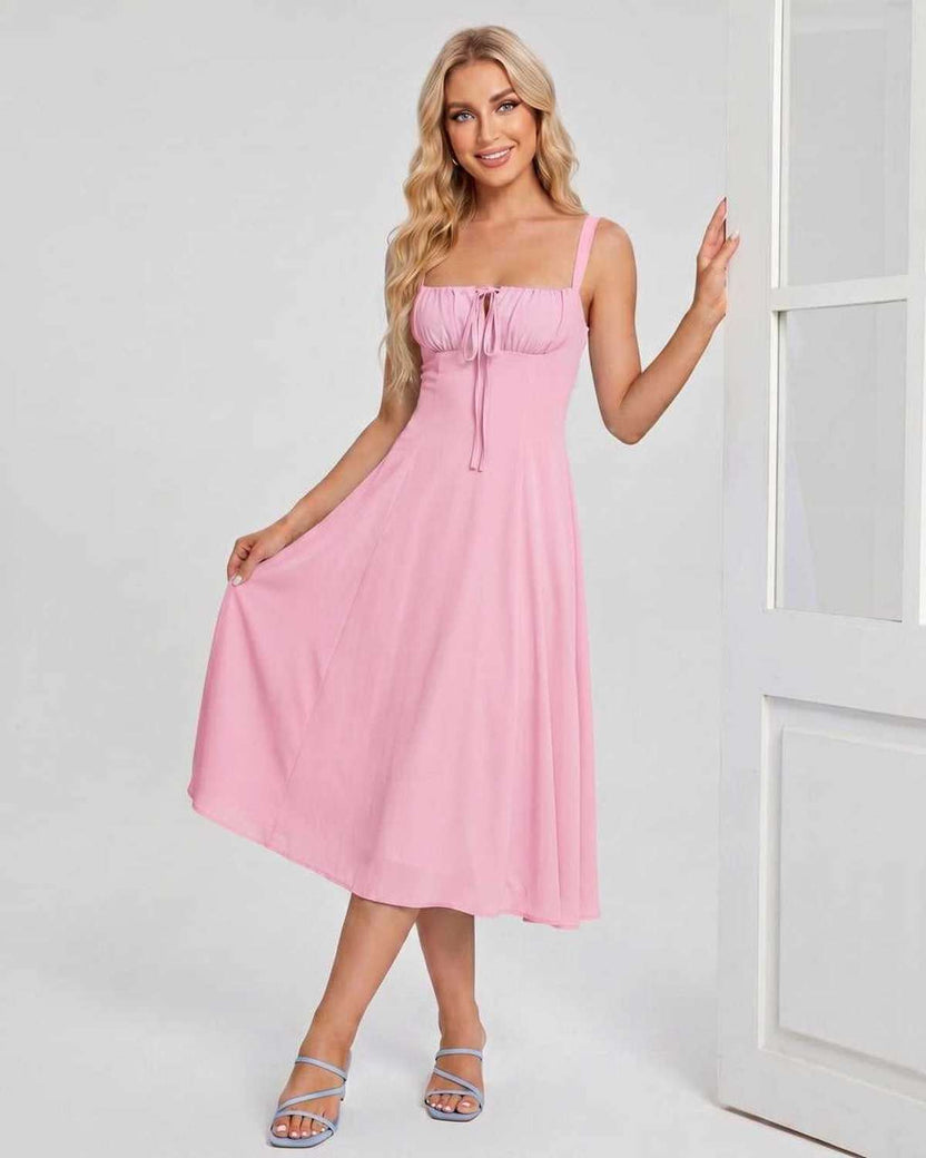 Serelune Midi Dress by Lauven — pink lightweight sleeveless square neck A-line midi dress