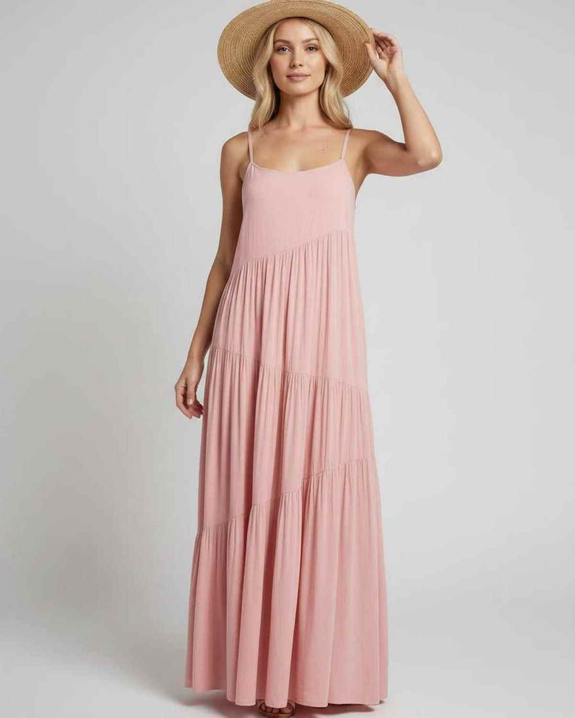 Solenne Maxi Dress by Lauven — rayon blend sleeveless scoop neck tiered A-line maxi dress