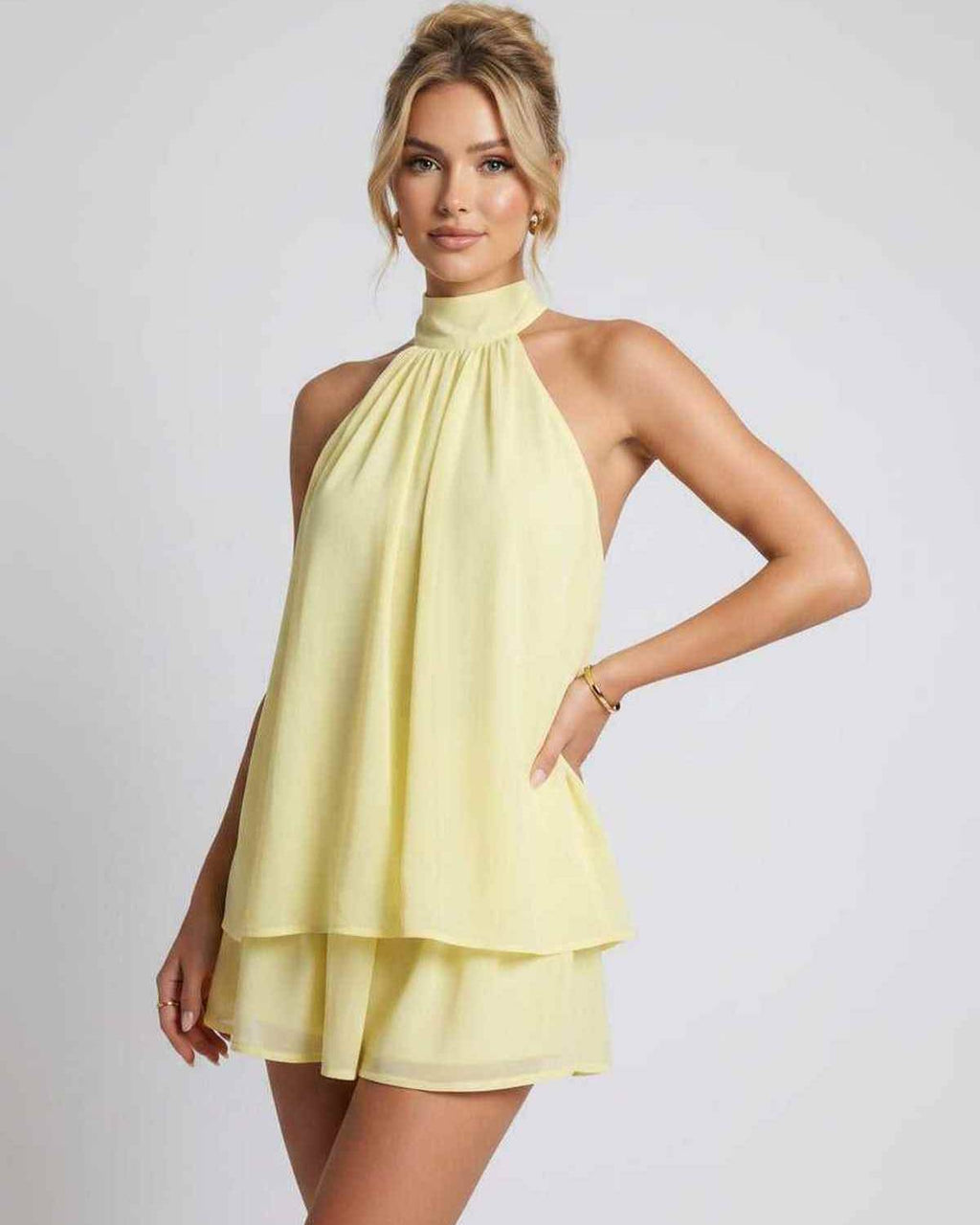 Celestia Mini Dress by Lauven — chiffon sleeveless halter neck mini dress