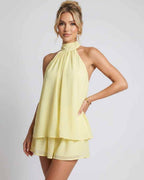 Celestia Mini Dress by Lauven — chiffon sleeveless halter neck mini dress