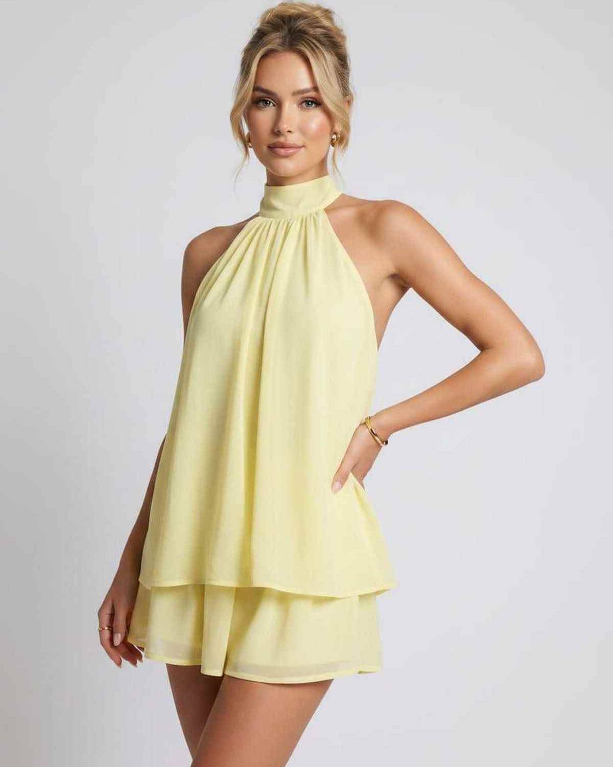 Celestia Mini Dress by Lauven — chiffon sleeveless halter neck mini dress