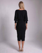 Serene Midi Dress by Lauven — knit batwing sleeve cowl neck fitted midi dress