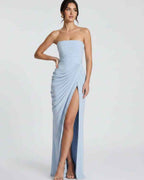 Seraphine Maxi Dress by Lauven — chiffon strapless pleated high slit maxi dress