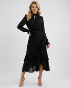 Celestia Maxi Dress by Lauven — chiffon long sleeve high neck A-line maxi dress