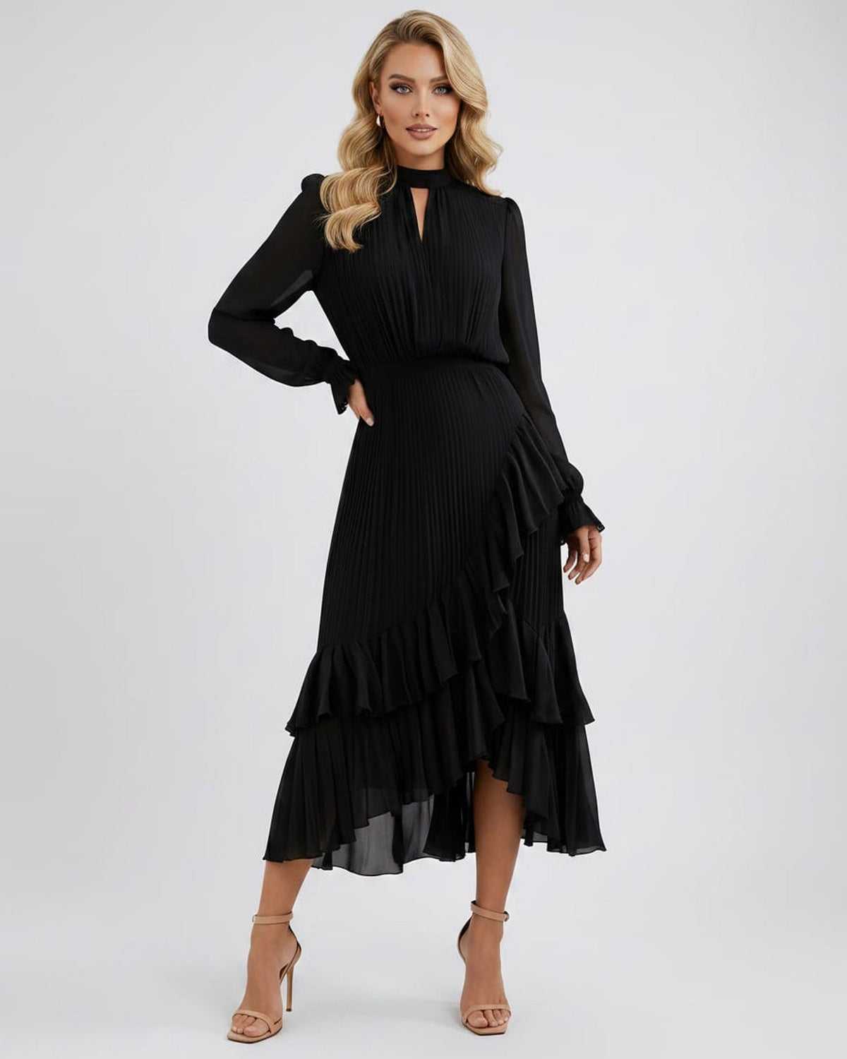 Celestia Maxi Dress by Lauven — chiffon long sleeve high neck A-line maxi dress
