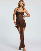 Veloura Mini Dress by Lauven — stretch mesh halter neck ruched bodycon mini dress
