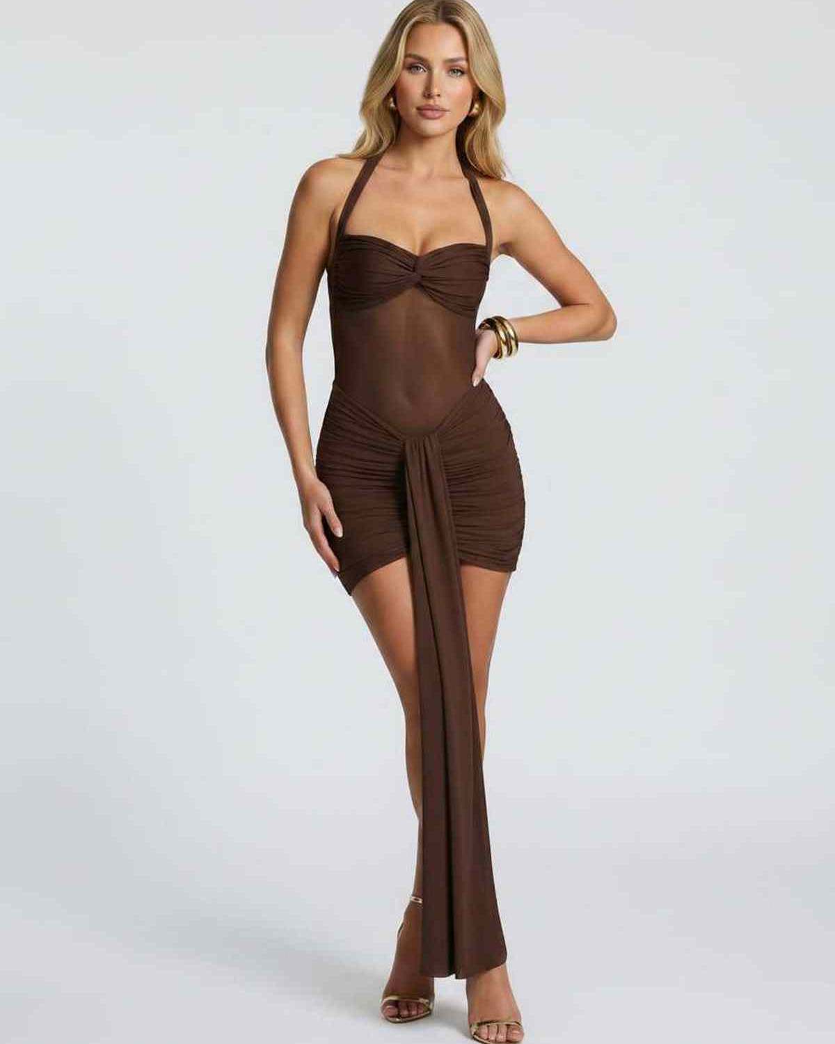 Veloura Mini Dress by Lauven — stretch mesh halter neck ruched bodycon mini dress