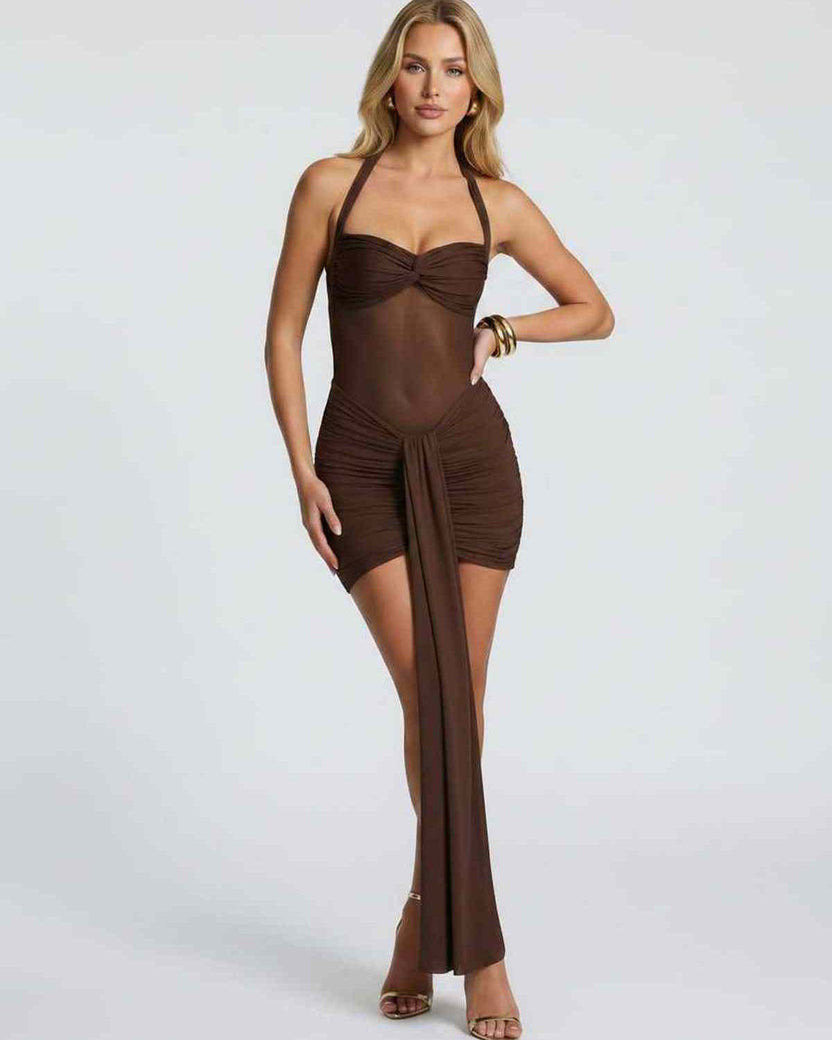 Veloura Mini Dress by Lauven — stretch mesh halter neck ruched bodycon mini dress