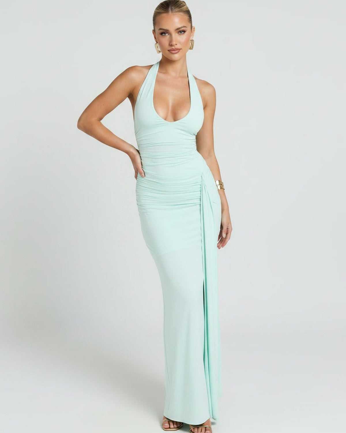 Solvienne Maxi Dress by Lauven — stretch sleeveless deep V-neck ruched maxi dress