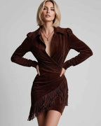 Veloura Mini Dress by Lauven — suede leather long sleeve turn-down collar ruched mini dress