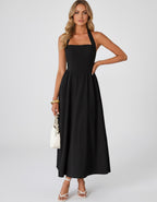 Veloura Midi Dress by Lauven — satin blend sleeveless square neck A-line midi dress