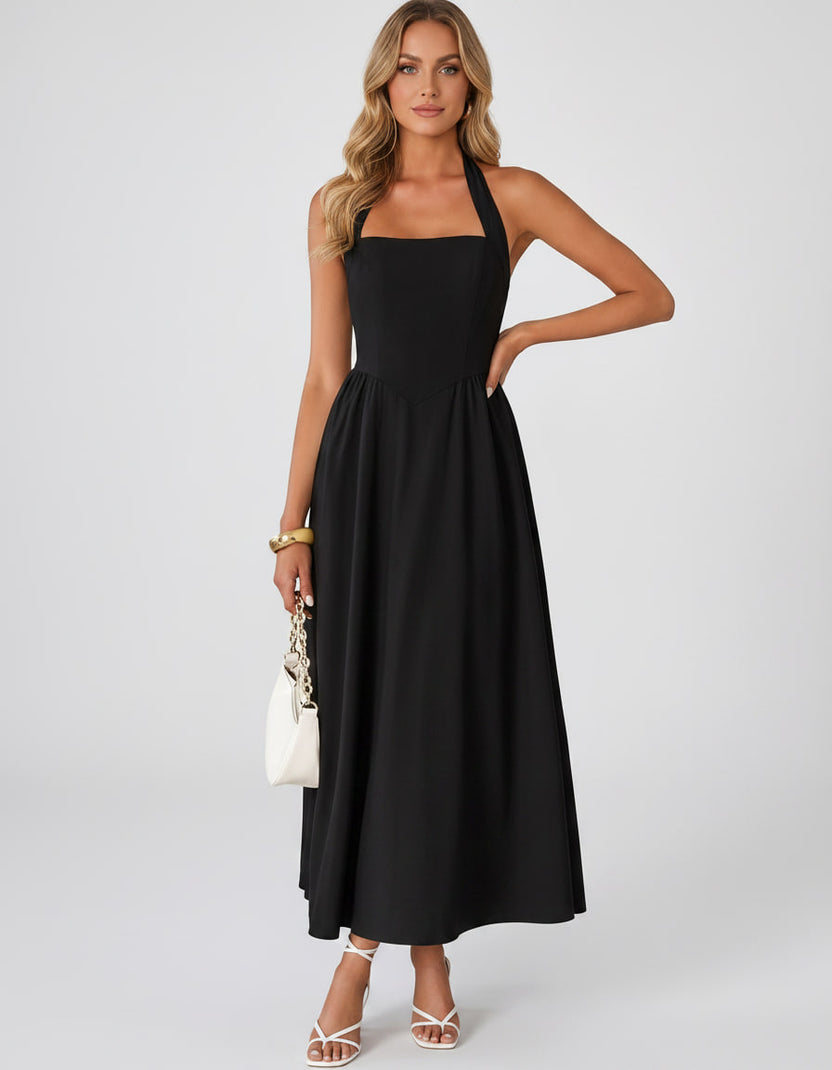 Veloura Midi Dress by Lauven — satin blend sleeveless square neck A-line midi dress