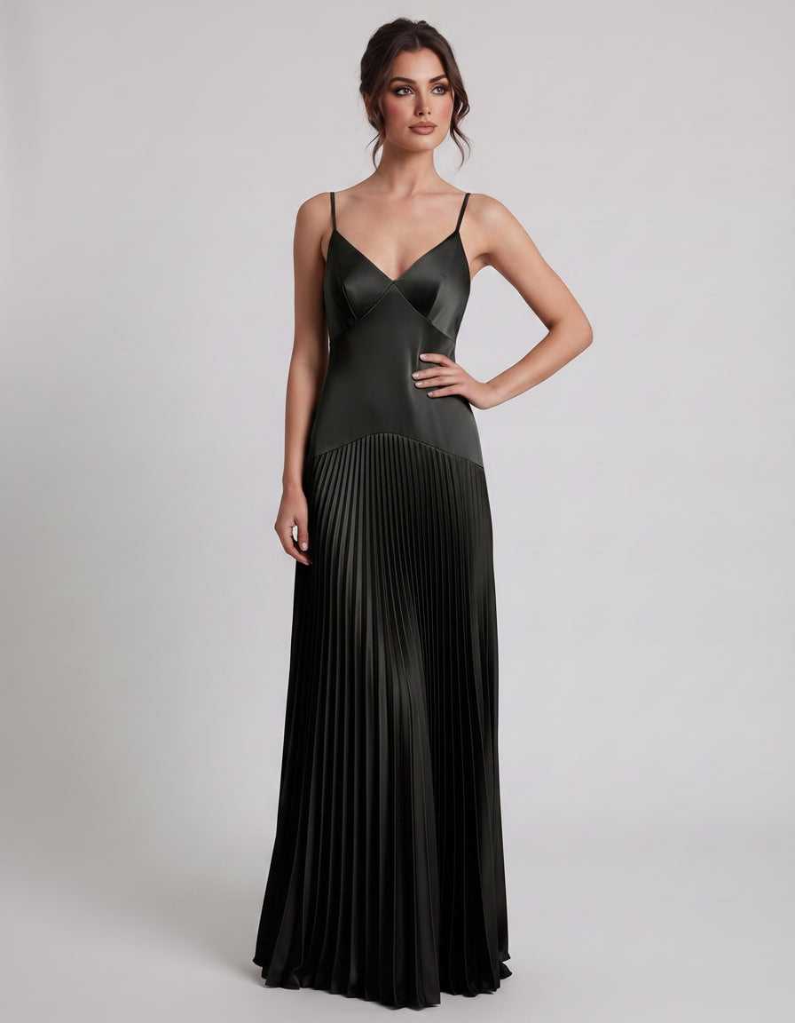 Veloura Maxi Dress by Lauven — satin spaghetti strap V-neck A-line maxi dress