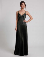 Veloura Maxi Dress by Lauven — satin spaghetti strap V-neck A-line maxi dress