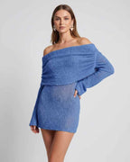 Elara Mini Dress by Lauven — textured knit long bell sleeve off-shoulder fitted mini dress