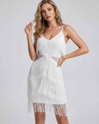 Lunara Mini Dress by Lauven — fringe sleeveless V-neck fitted mini dress with straps