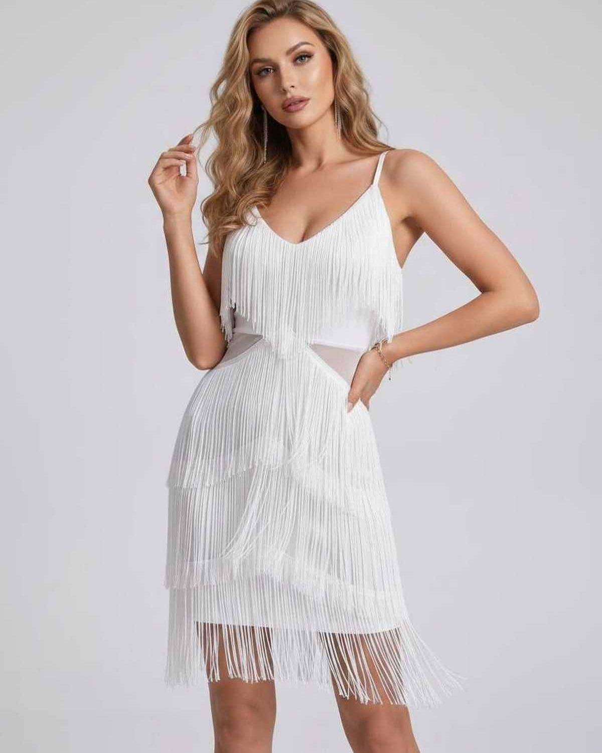 Lunara Mini Dress by Lauven — fringe sleeveless V-neck fitted mini dress with straps