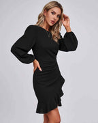 Virelle Mini Dress by Lauven — long sleeve round neck fitted mini dress with ruffle hem
