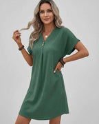 Lunelle Mini Dress by Lauven — textured short sleeve V-neck relaxed mini dress