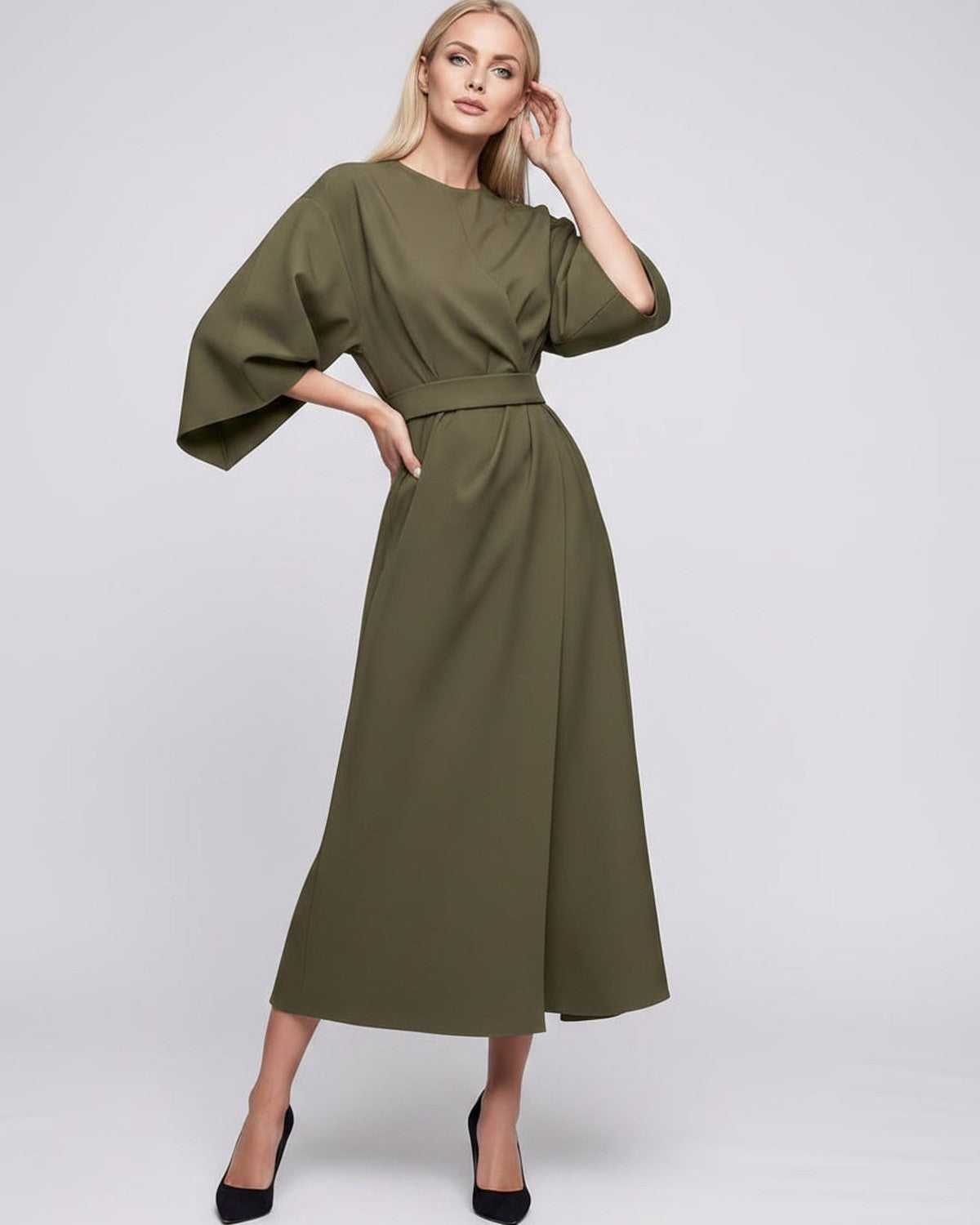Celest Midi Dress by Lauven — breathable fabric lantern sleeve crew neck belted wrap midi dress