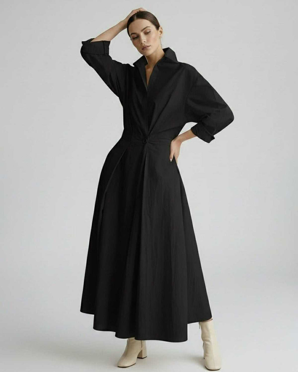 Aurelia Midi Dress by Lauven — breathable fabric long sleeve stand collar belted A-line midi dress