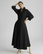 Aurelia Midi Dress by Lauven — breathable fabric long sleeve stand collar belted A-line midi dress
