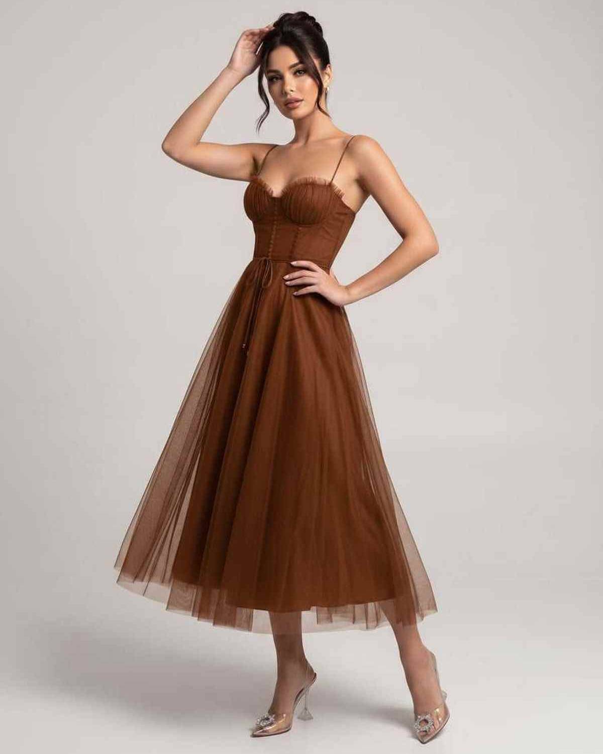 Elara Midi Dress by Lauven — tulle sleeveless sweetheart neck structured bodice midi dress