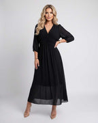 Veloura Midi Dress by Lauven — lightweight chiffon three quarter sleeve v neck A-line midi dress