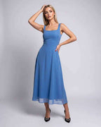 Lunara Midi Dress by Lauven — lightweight chiffon sleeveless square neck A-line midi dress