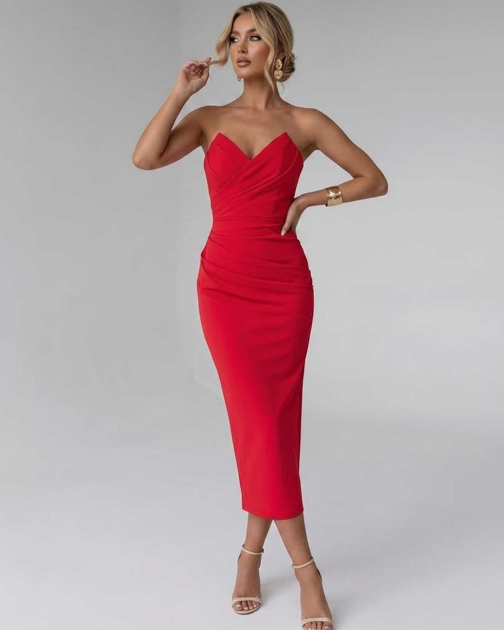 Serelle Midi Dress by Lauven — smooth stretch strapless sweetheart neck fitted midi dress