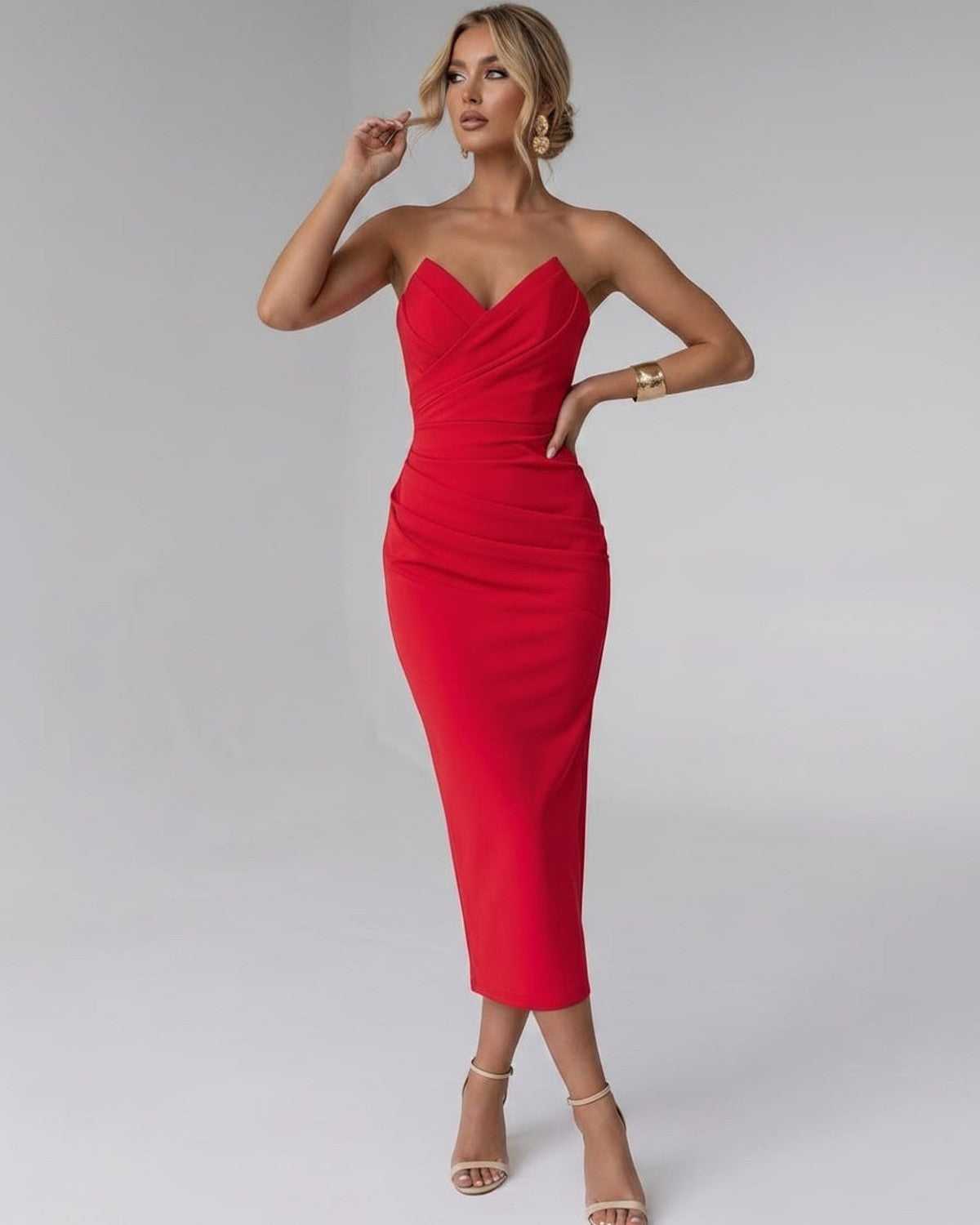 Serelle Midi Dress by Lauven — smooth stretch strapless sweetheart neck fitted midi dress