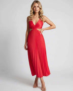 Lunara Midi Dress by Lauven — satin sleeveless V-neck flowing pleated midi dress