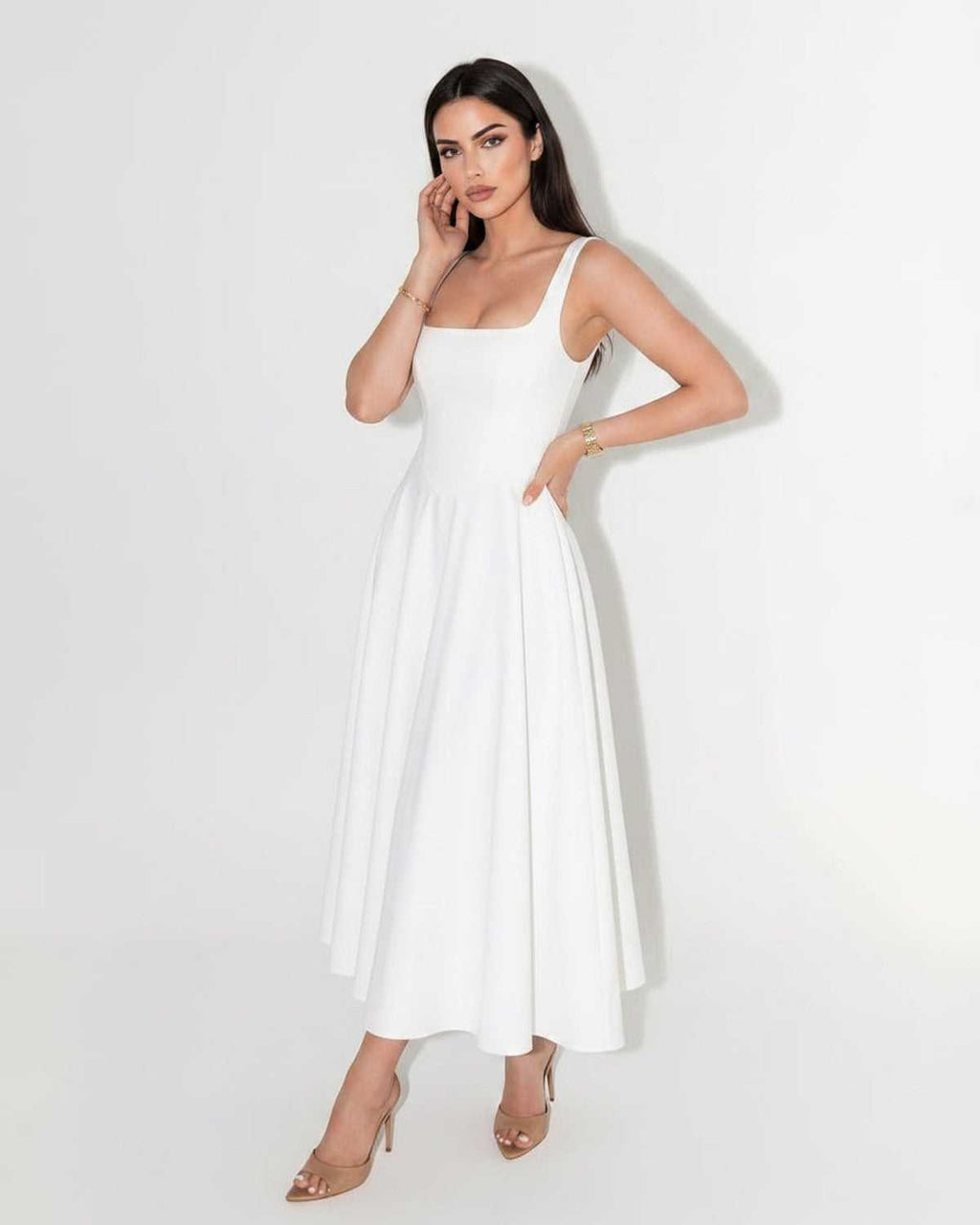 Elara Midi Dress by Lauven — structured sleeveless square neck fit and flare midi dress