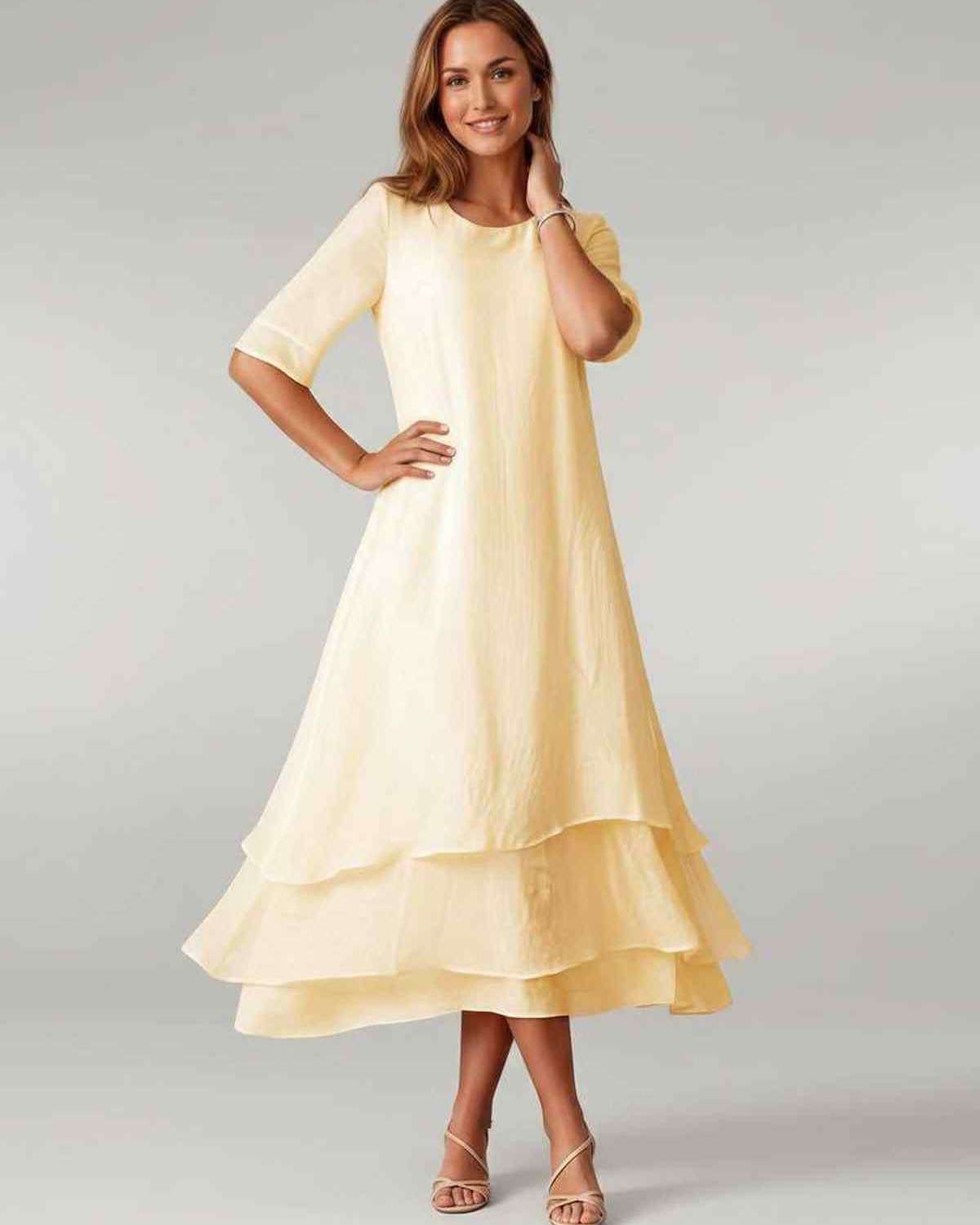 Aurelia Midi Dress by Lauven — lightweight short sleeve round neck layered midi dress