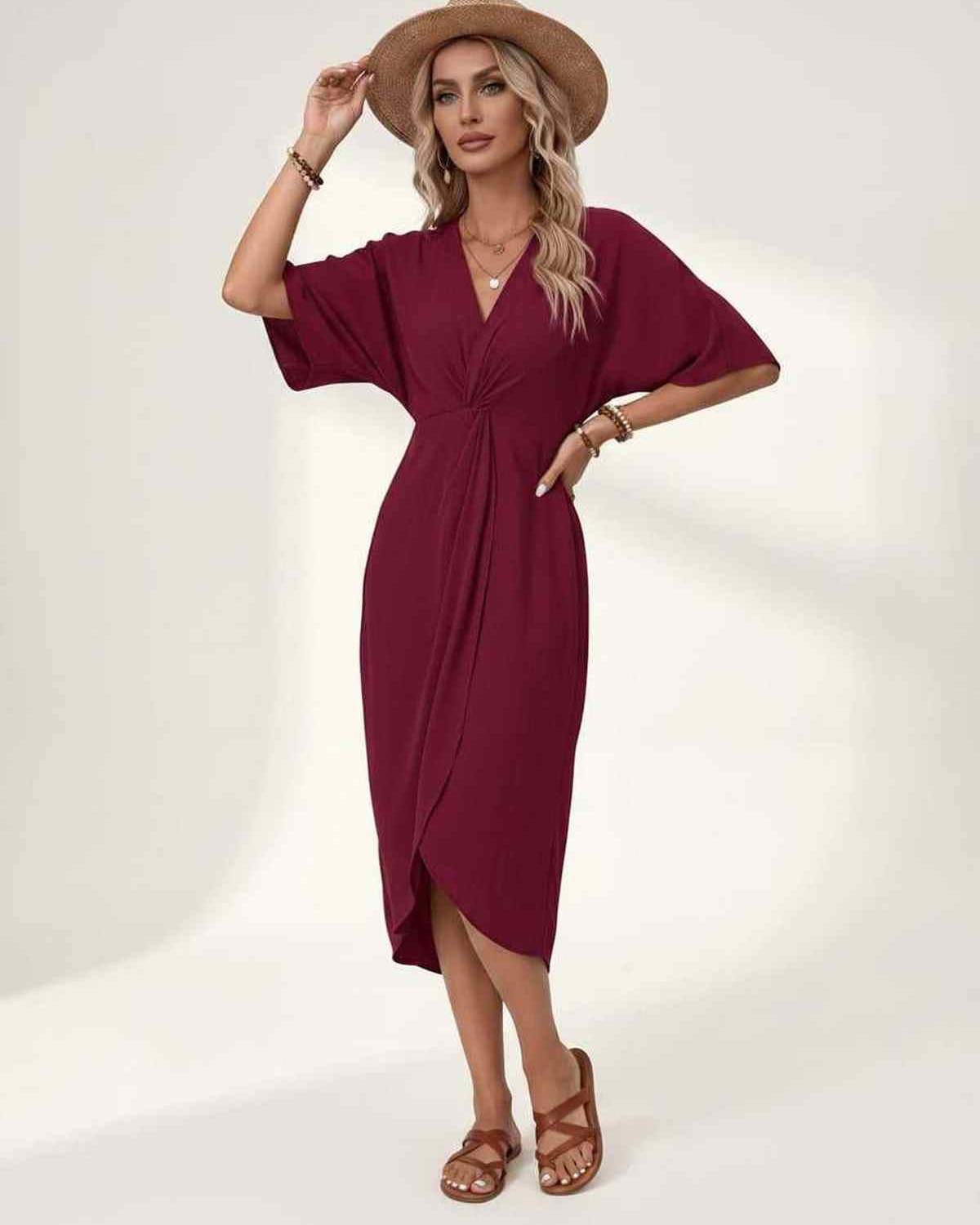 Elara Midi Dress by Lauven — premium short sleeve V-neck wrap style midi dress