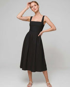 Aveline Midi Dress by Lauven — lightweight sleeveless square neck fit and flare midi dress