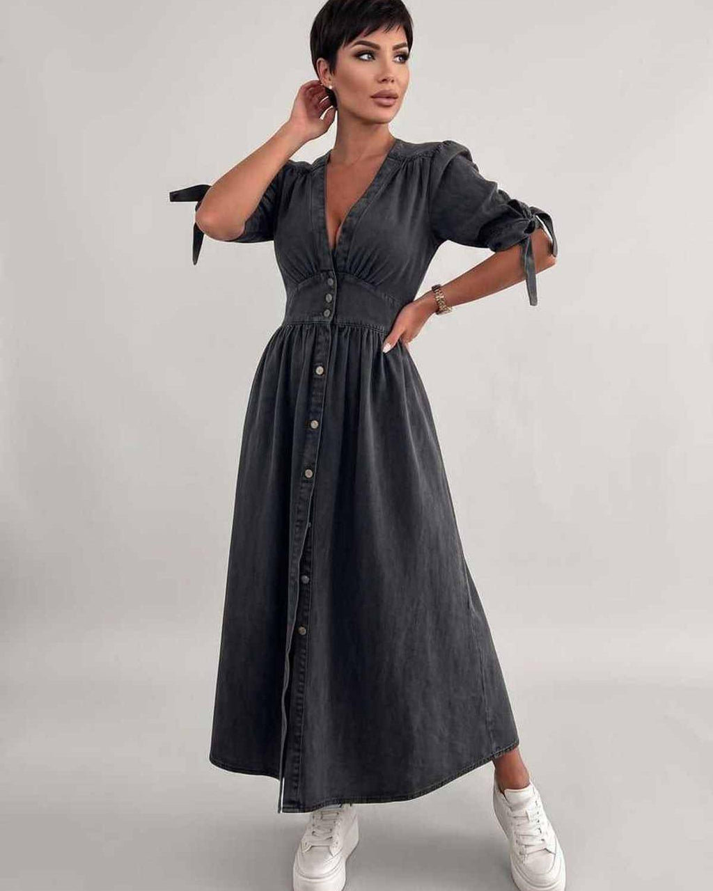 Eloria Midi Dress by Lauven — lightweight mid sleeve V-neck button front fit and flare midi dress