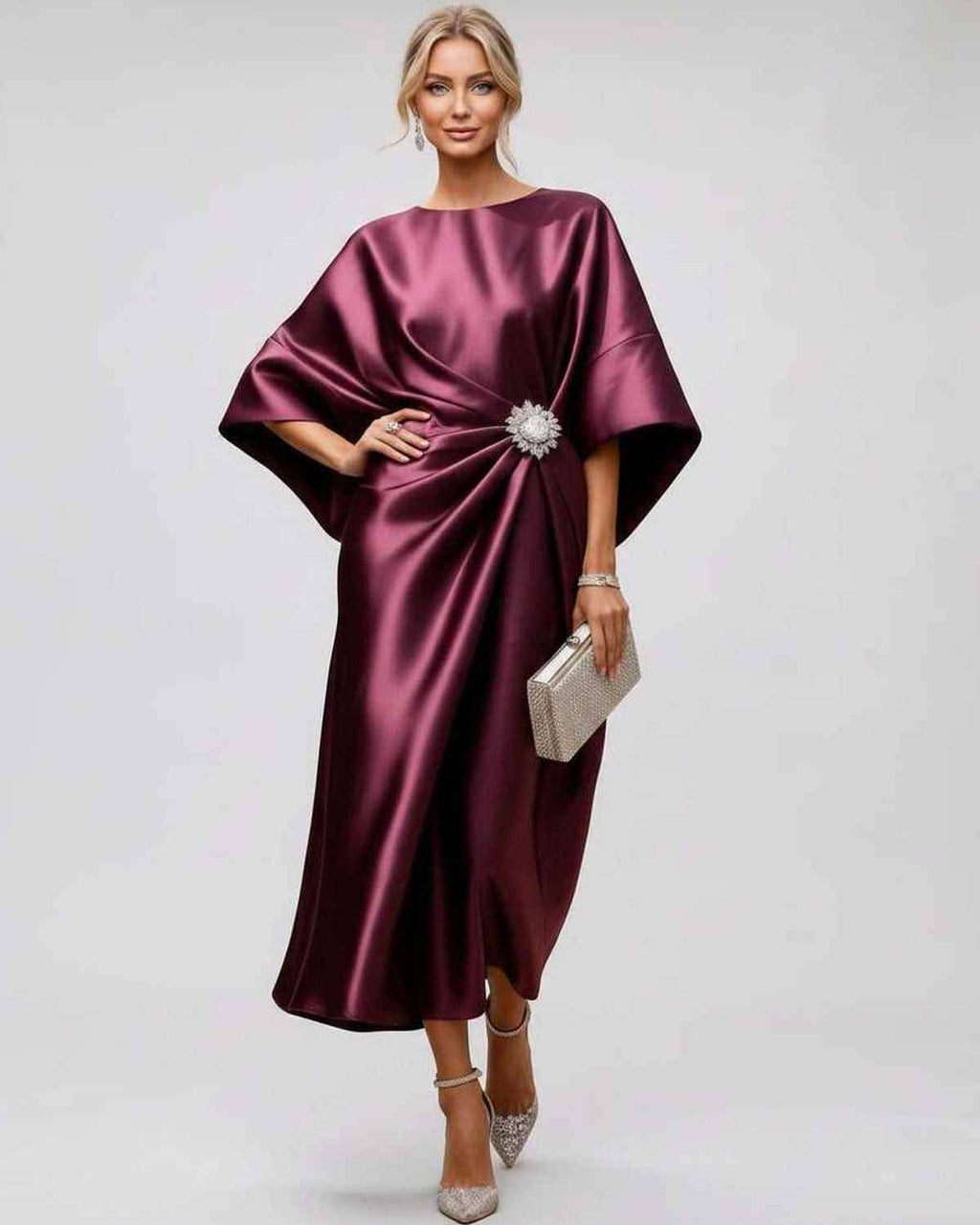Seralyn Midi Dress by Lauven — satin kimono sleeve boat neck draped midi dress