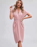 Veloura Midi Dress by Lauven — satin cap sleeve V-neck draped midi dress