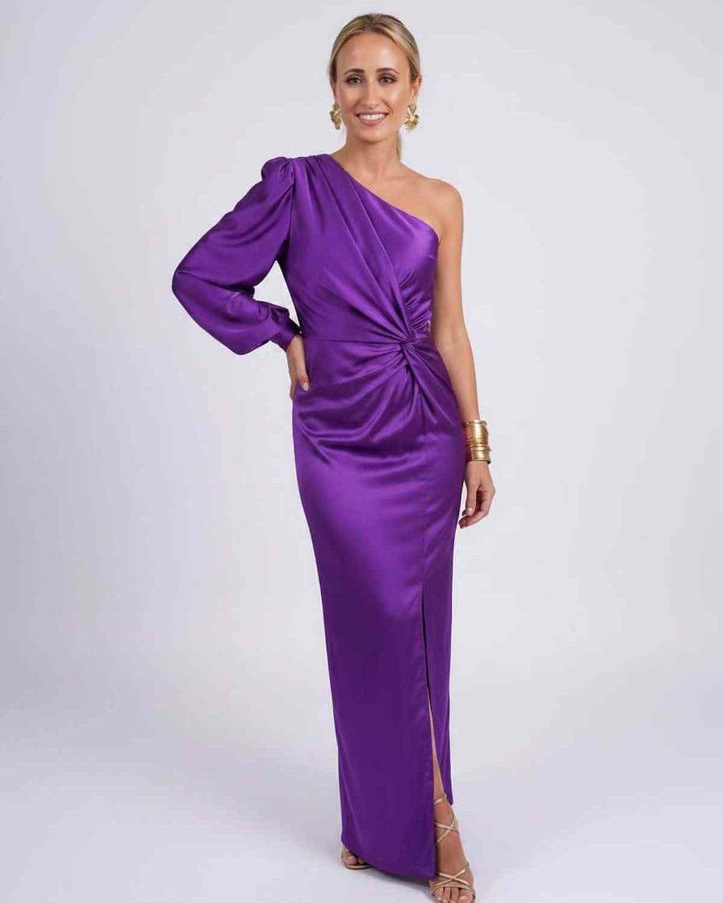 Veloura Maxi Dress by Lauven — satin one-shoulder long sleeve draped maxi dress