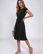 Lunessa Midi Dress by Lauven — pleated chiffon cap sleeve round neck midi dress