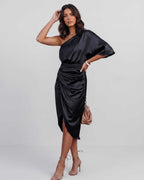 Veloura Midi Dress by Lauven — satin one shoulder draped midi dress with slit