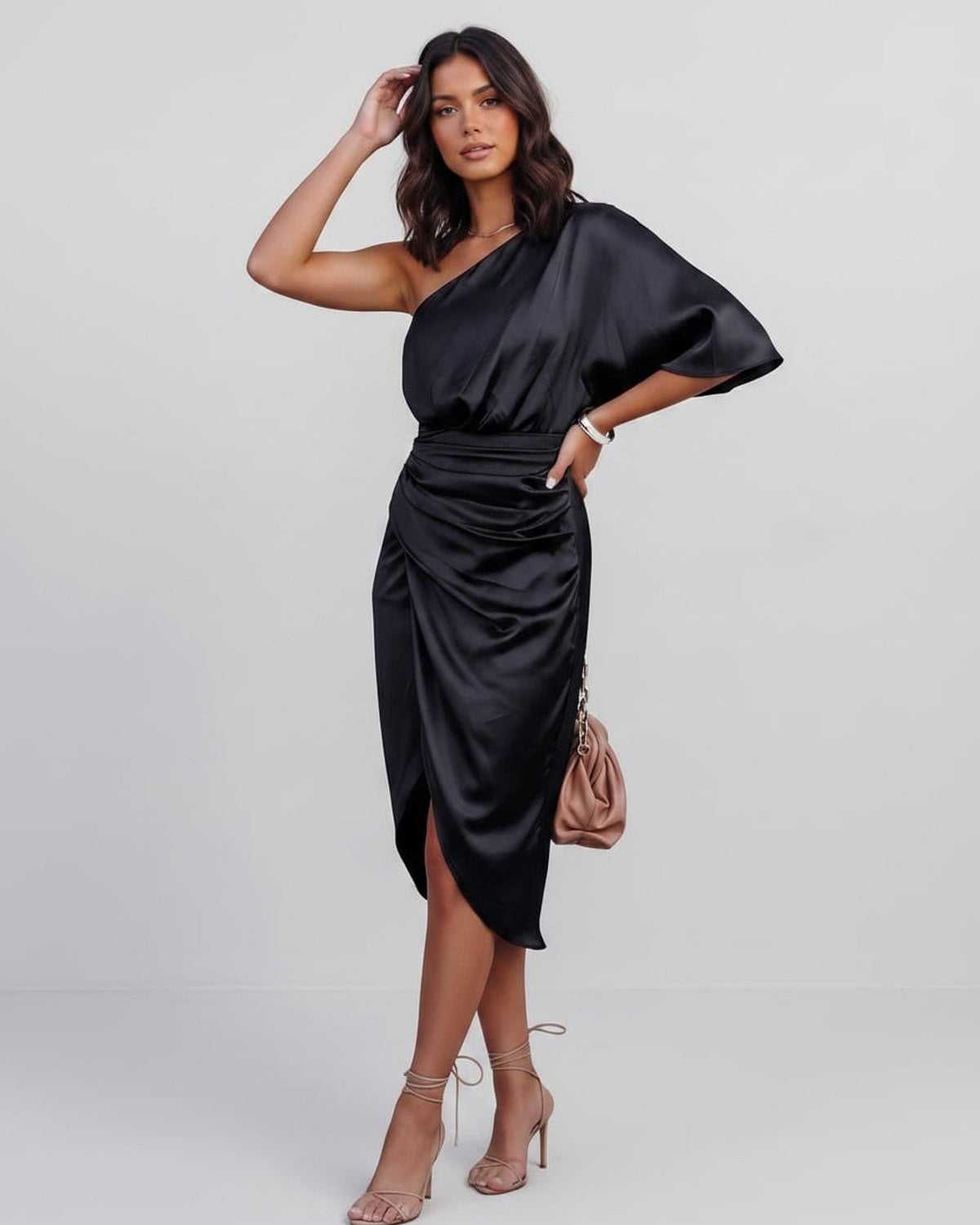 Veloura Midi Dress by Lauven — satin one shoulder draped midi dress with slit